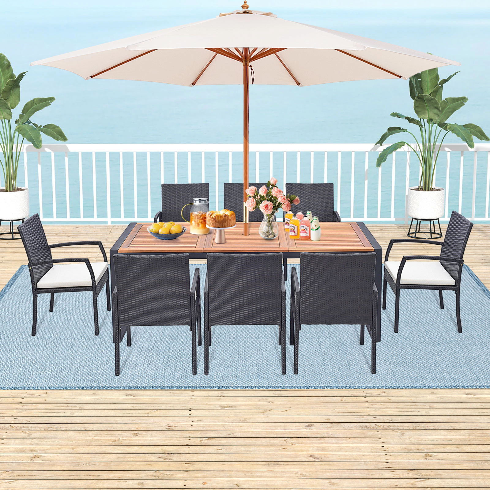 SUGIFT 79-in Acacia Wood Patio Dining Table for 8 with Umbrella Hole
