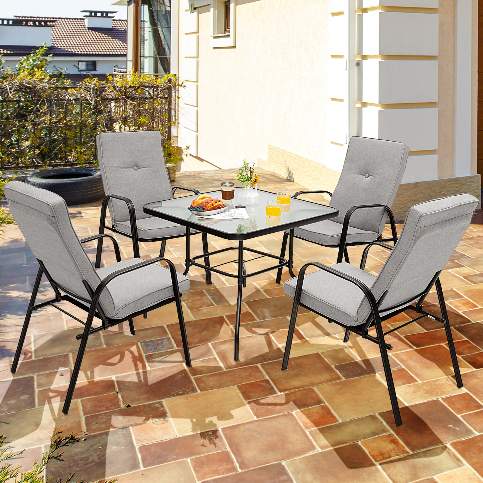 LJG 5 Pieces Outdoor Dining Set with 4 Stackable Chair and High-Back Cushions