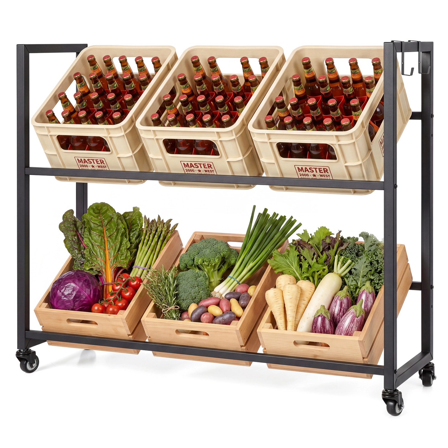 LJG 2-Tier Drink Crate Rack with 4 Universal Wheels for Beer and Water Kitchen and Bar