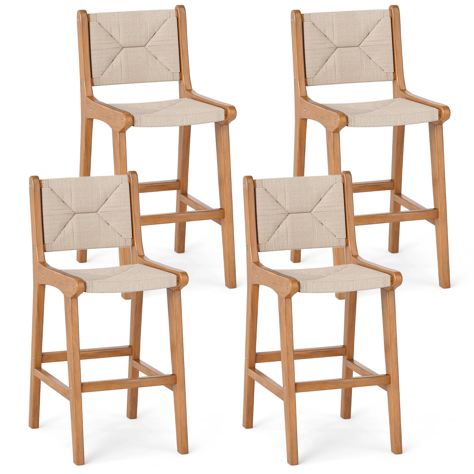 SUGIFT Set of 4 Outdoor Counter Height Bar Stool Bar Set with Woven Paper Rope Seat 400-lb Capacity 26-in Seat Natural