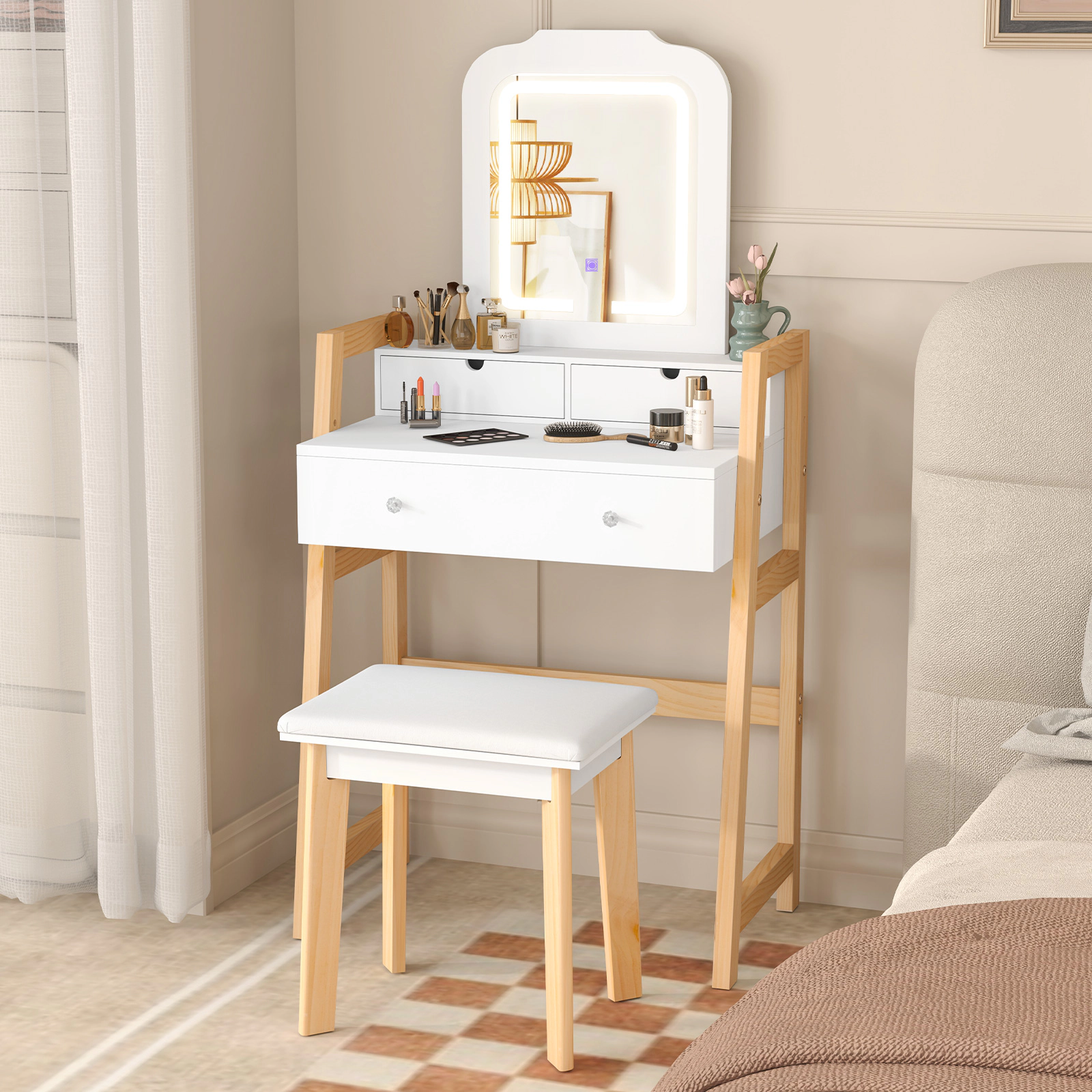 SUGIFT White Vanity Desk Set with LED Mirror, 3 Drawers and Stool
