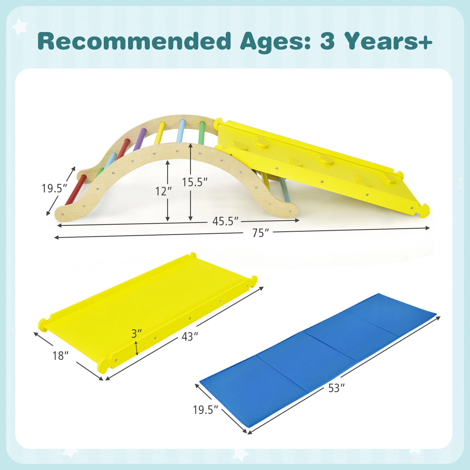 SUGIFT 3-in-1 Wooden Arch Triangle Climber Rocker with 132-lb Capacity Ramp and Mat Ages 1-8 Yellow/Natural