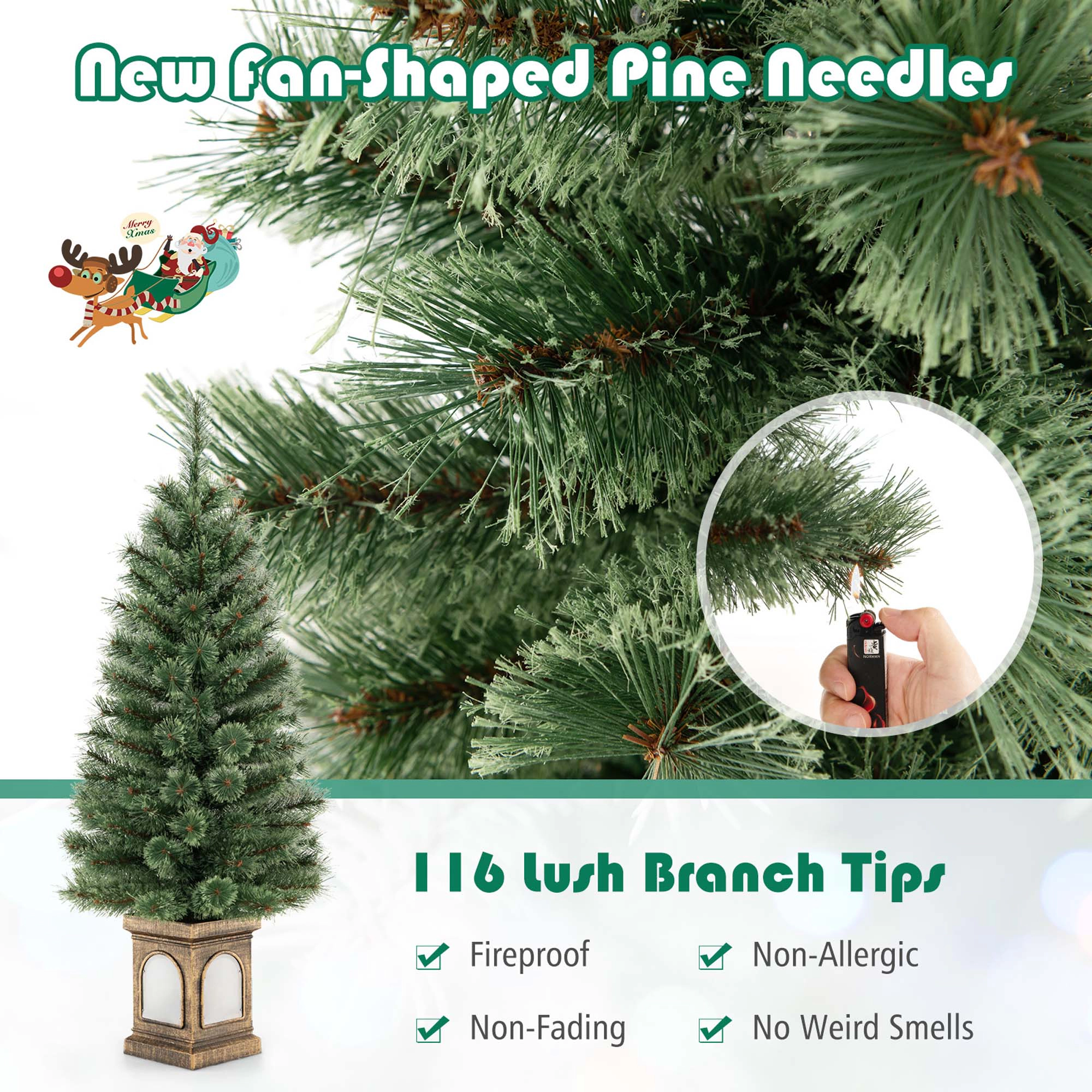 Costway 1 PCS 4 FT Pre-Lit Potted Christmas Tree Pine Needles 3 Dynamic Modes Remote Control