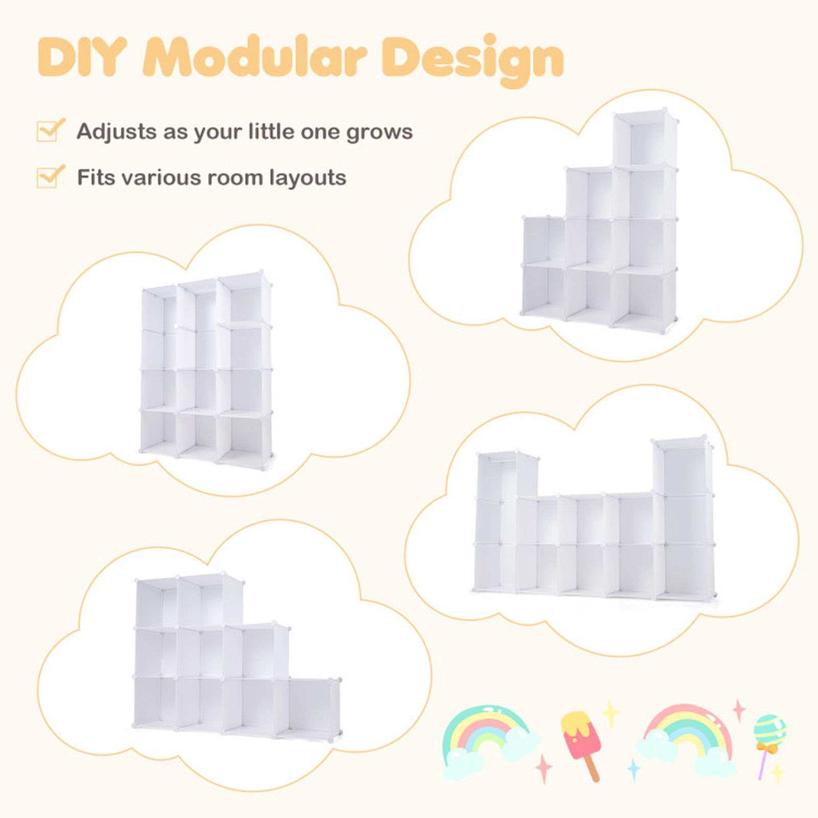SUGIFT Modular Baby Wardrobe Toy Organizer with 10 Cubes Hanging Rod and Shelves 6.5-lb Cube Capacity Stackable White