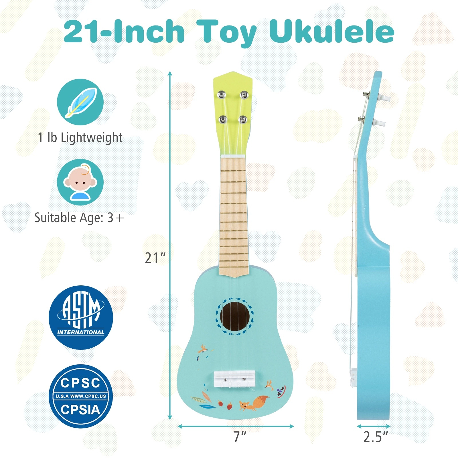 SUGIFT Kids 21-in Ukulele Guitar Basswood Body Okoume Neck 4 Nylon Strings 1-lb Lightweight Ages 3+ Light Blue