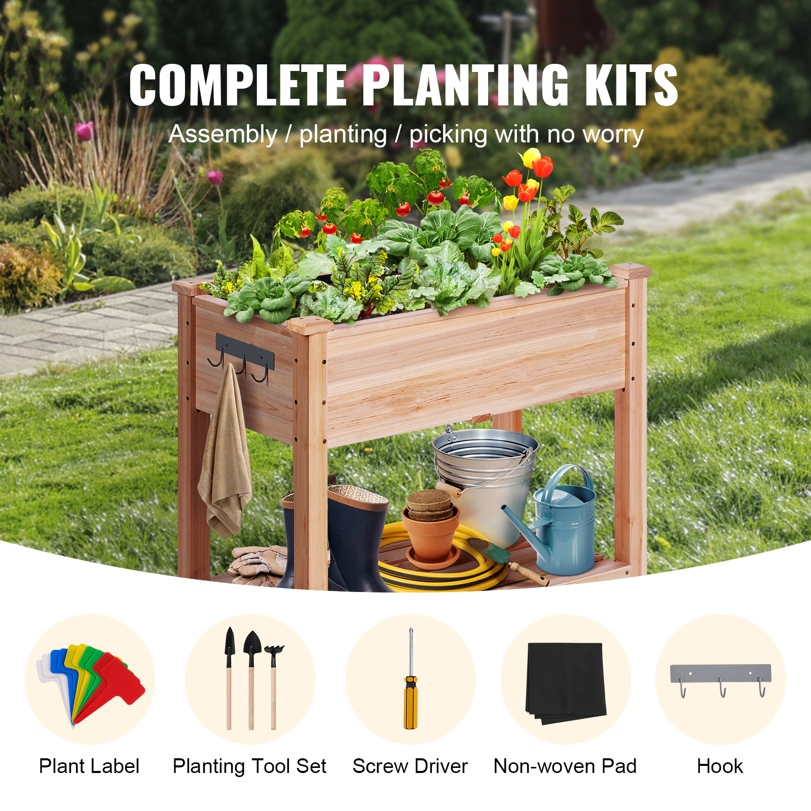 HONGGE 34 x 18 x 30 In Wooden Raised Garden Bed with 2-Tier Storage Shelf, Fir Wood, Holds 165 lbs