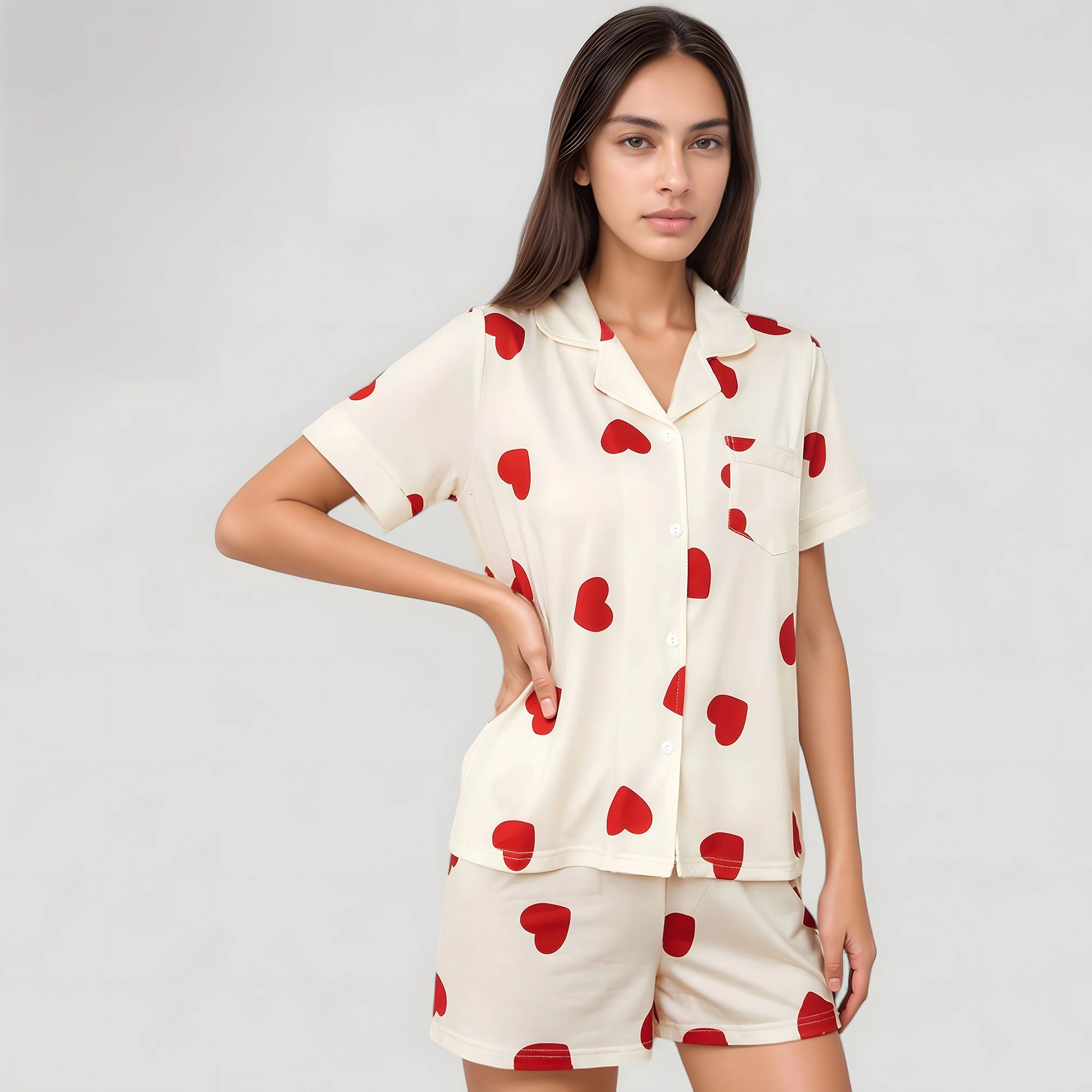 Anna-Kaci Women's Heart Print Short Sleeve Valentine Pajama Set with Chest Pocket and Button Down Top