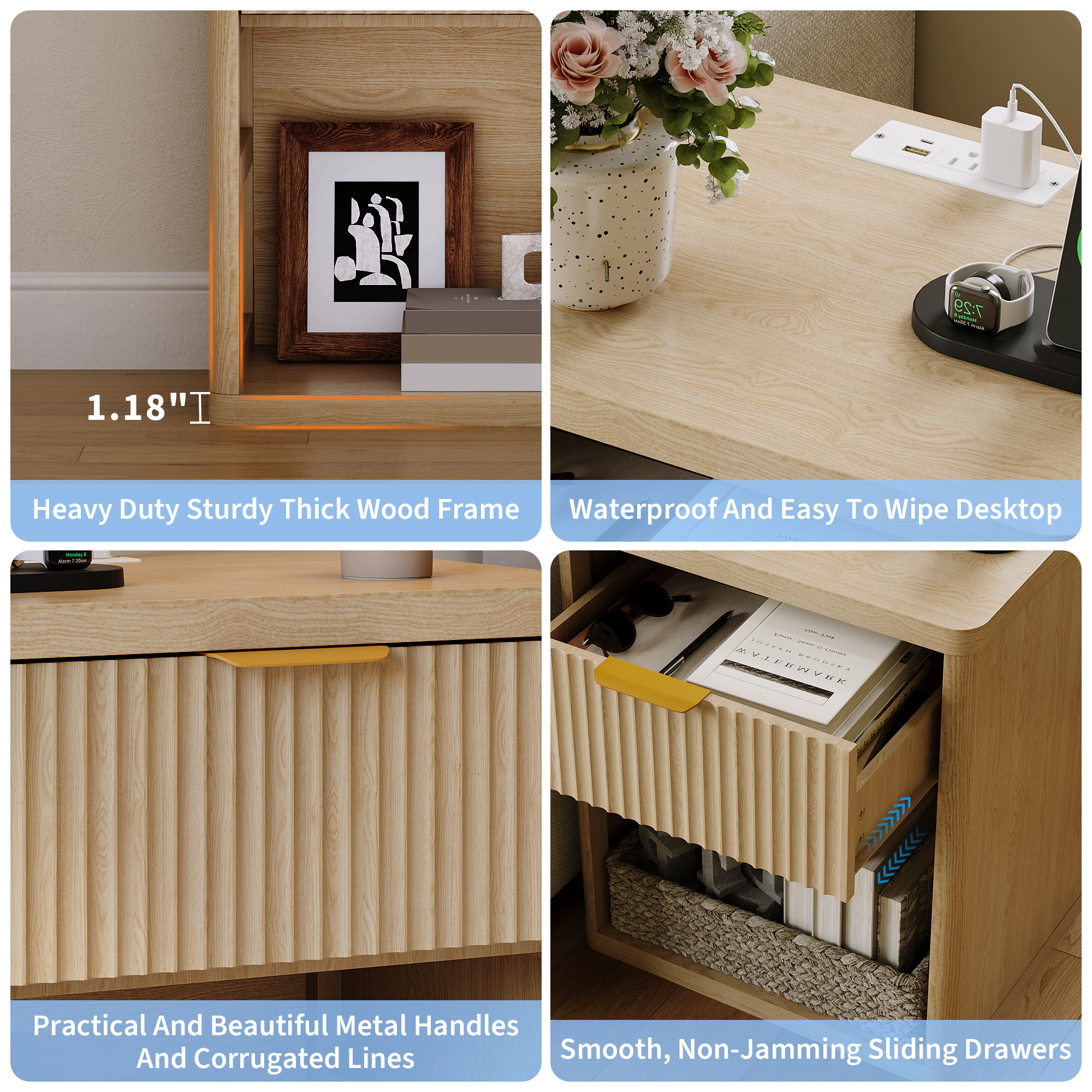 BebreezChic Farmhouse Natural Wood Grain Storage Bedroom Bedside Table