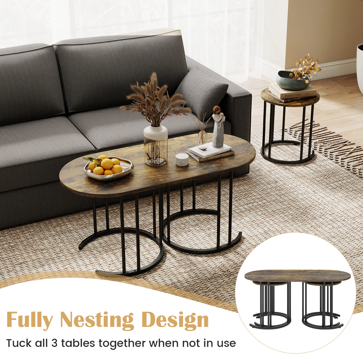 Glintex 3-Piece Nesting Coffee Table Set with Faux Marble Tops and Metal Tube Frames, Rustic Brown & Black
