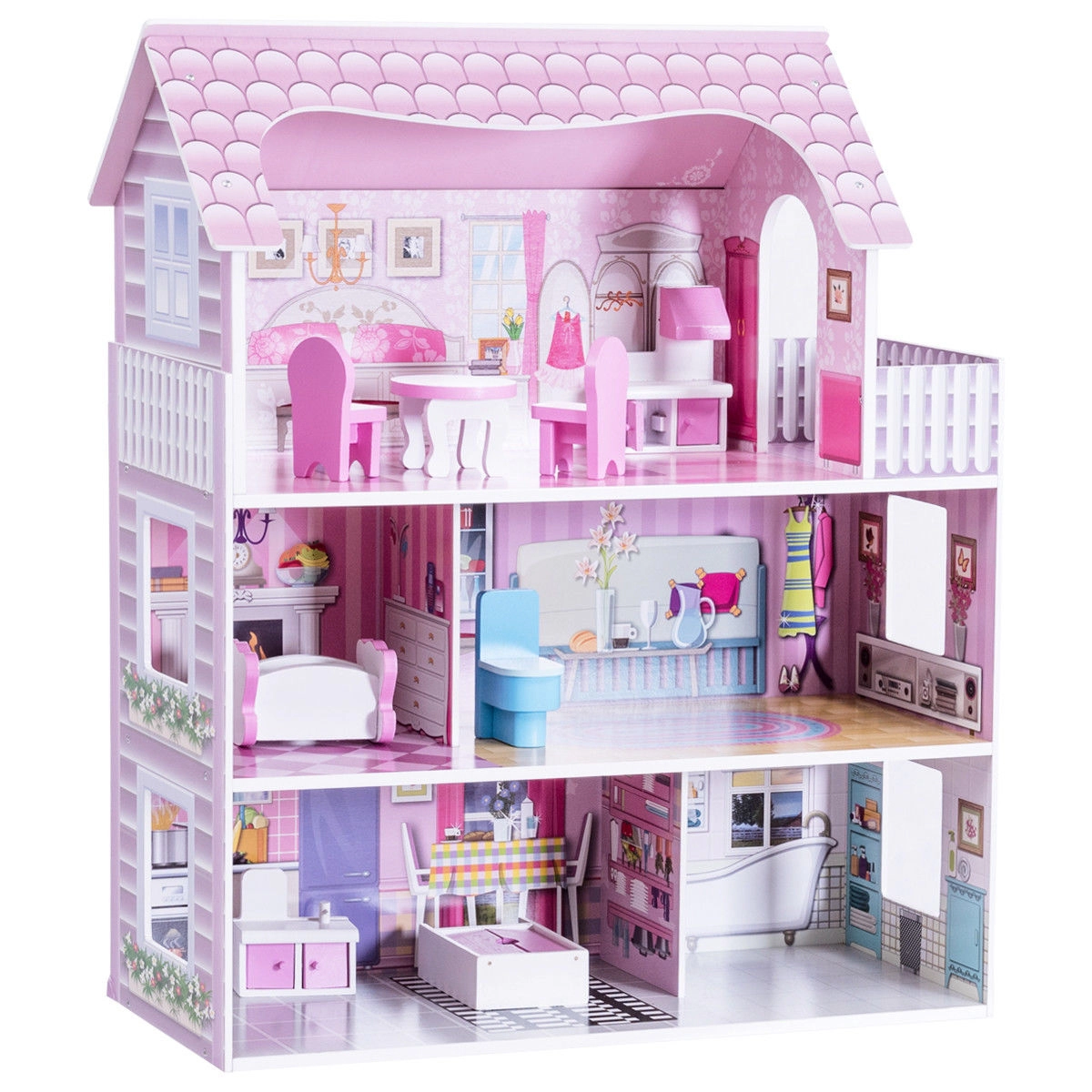 SUGIFT 3-Level MDF Dollhouse with 5 Rooms Balcony and 8-Piece Furniture Set 28-in Tall Pink