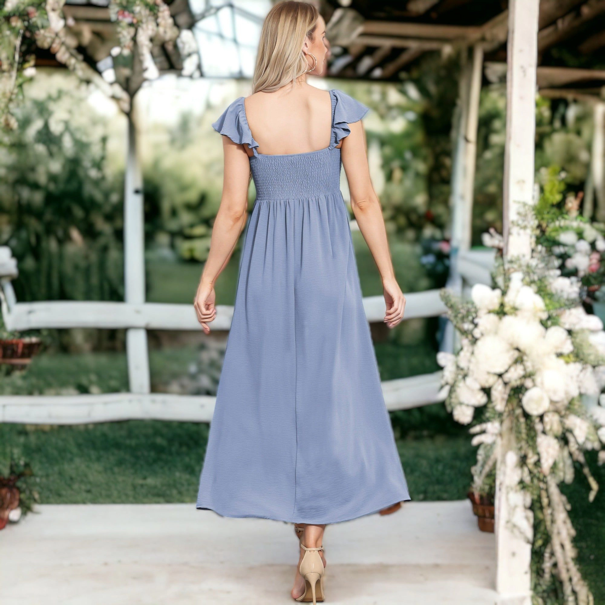 Anna-Kaci Women's Ruffled Cap Sleeve Slit Maxi Dress