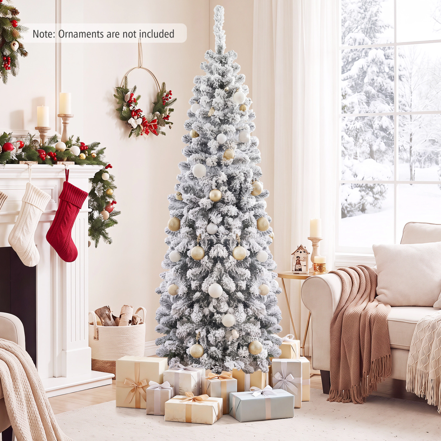 LJG 6 Feet Unlit Hinged Snow Flocked Artificial Pencil Christmas Tree with 500 Branch Tip