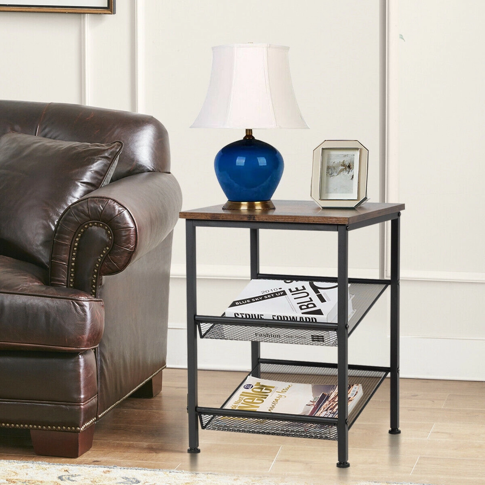 SUGIFT Adjustable Mesh Shelves 3-Tier Rustic Brown Industrial End Table