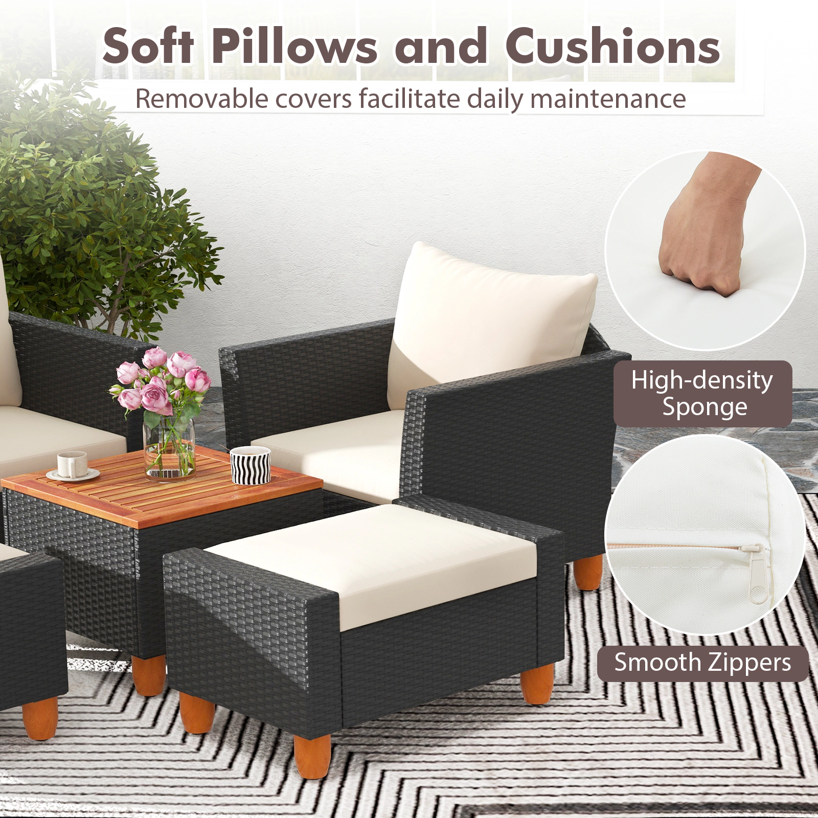 SUGIFT White 2 Ottomans and Acacia Storage Table 5-Piece Patio Rattan Sofa Set