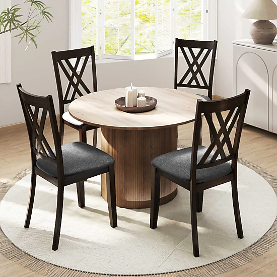 LJG Linen Fabric Upholstered Wooden Dining Chair Set of 4 with Rubber Wood Frame for Dining Room