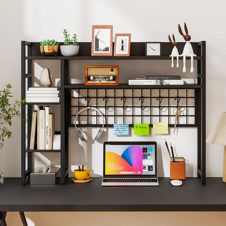 Hivvago 4-Tier Desk Shelf Desktop Display Rack with Metal Grid Panel and 6 Hooks
