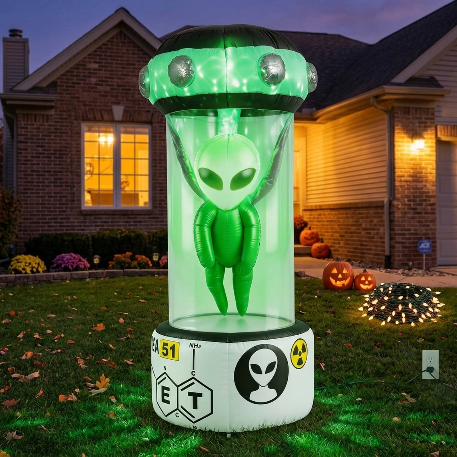 SUGIFT 7.4-ft Halloween Inflatable Alien with Rotating Flashing Green Lights White + Green