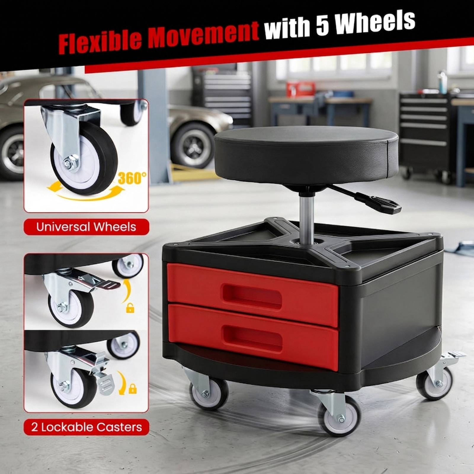 SUGIFT 330-lb Capacity Adjustable Rolling Work Stool with Dual Tool Trays 3 Drawers and 5 Wheels