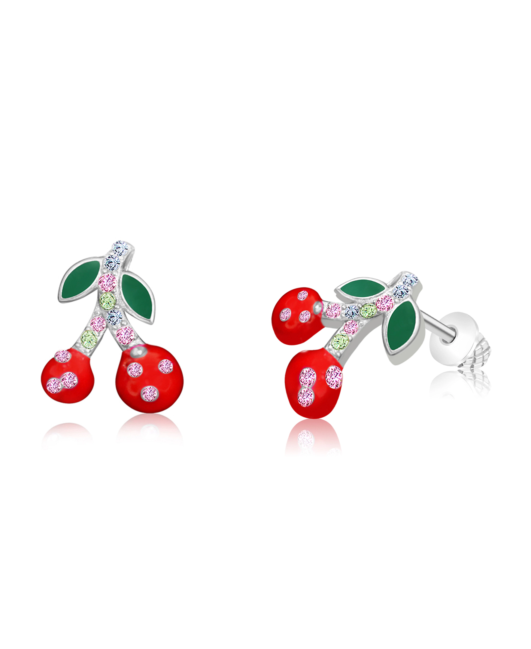 CHANTEUR Kids Cherry Red Crystal Stud Earrings - White Gold Palladium Plating, Surgical Steel Posts, Screw Back, Hypoallergenic