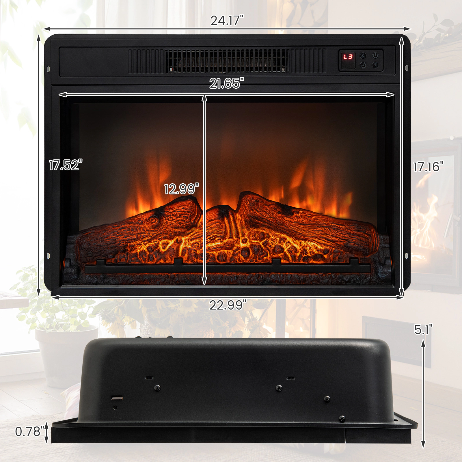 SUGIFT 3-Level LED Flame Electric Fireplace Insert 23-Inch Black Iron Glass with Remote Control and 5,000 BTUs