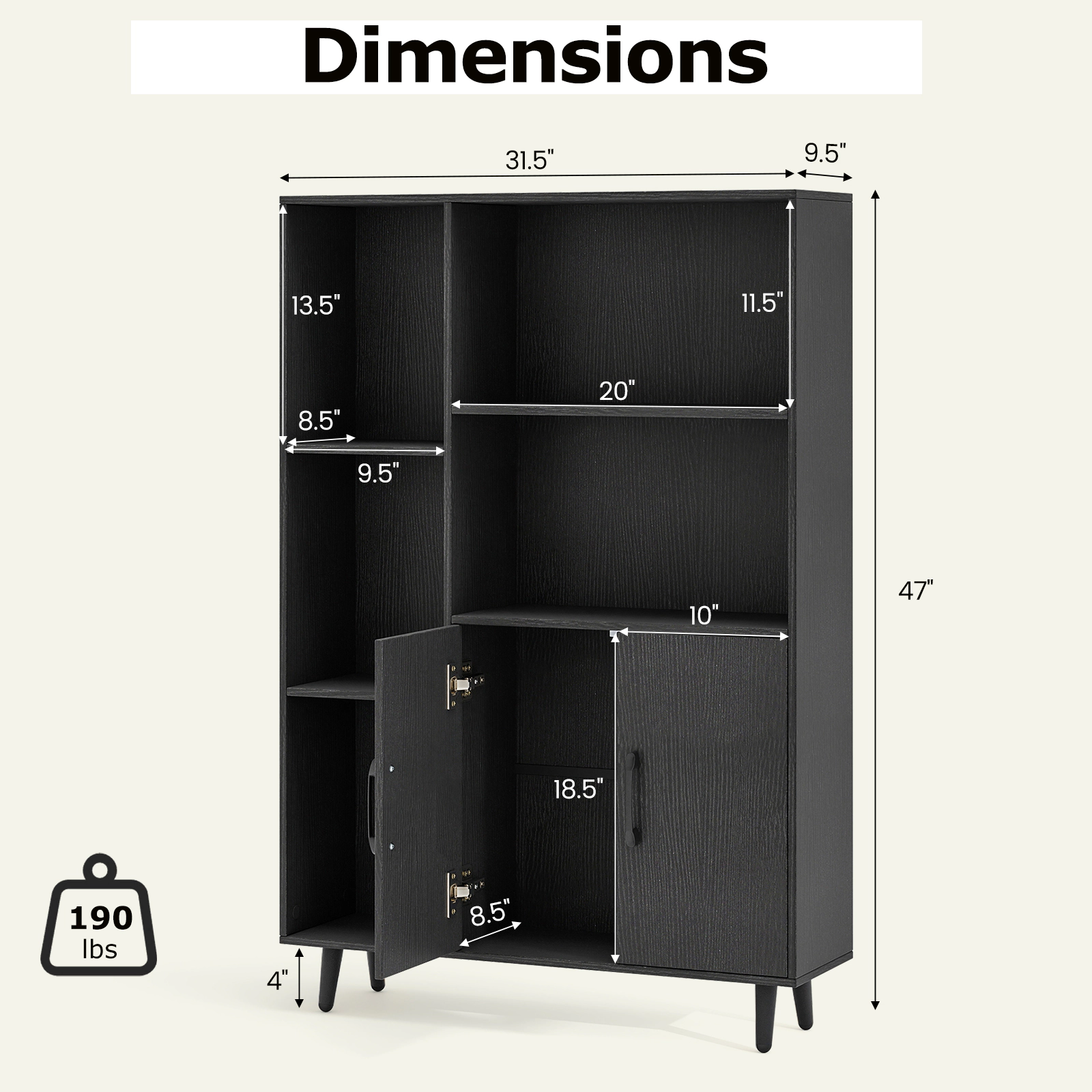 LJG 4 Inch Floor Bookshelf with 5 Open Compartments and Storage Cabinet