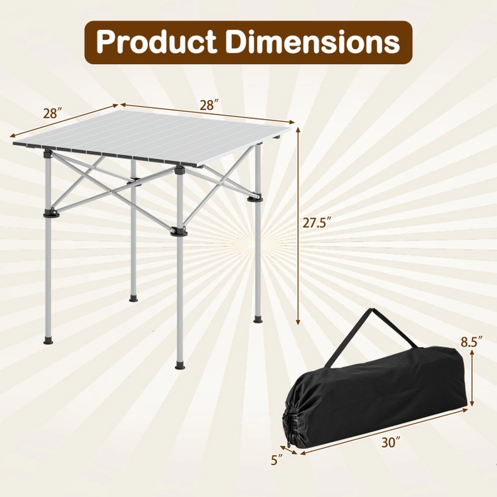 SUGIFT Silver Roll Up Folding Camping Table with Carrying Bag 28-in W 28-in D 27.5-in H 150-lb Tabletop Capacity