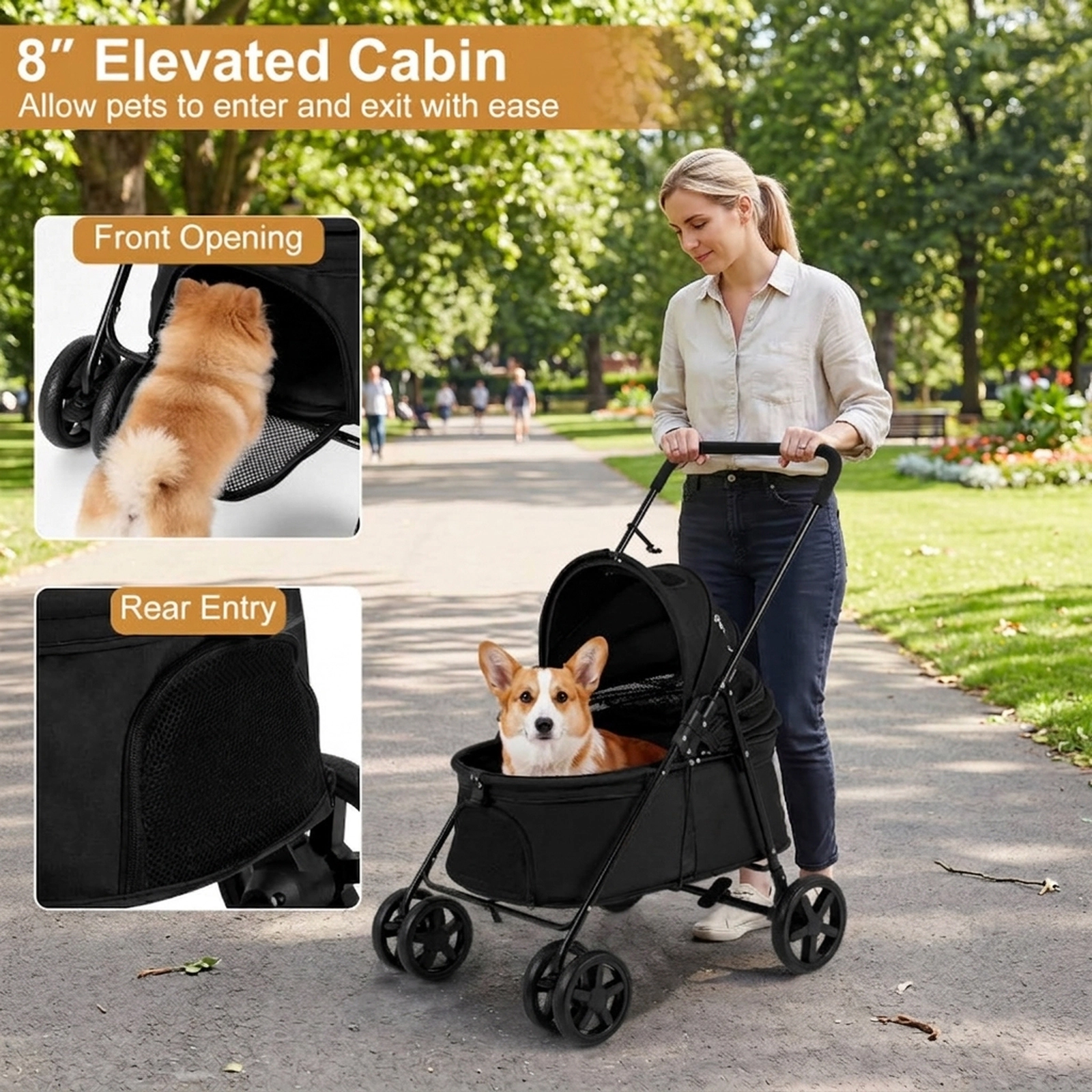 SUGIFT Black Folding Pet Stroller with One-Step Brake 31.5-in W 22.5-in D 39.5-in H 33-lb Cabin Capacity