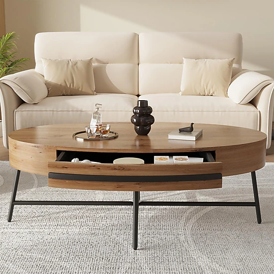 BebreezChic Mid-Century Modern Oval Coffee Table with Storage Drawer ...