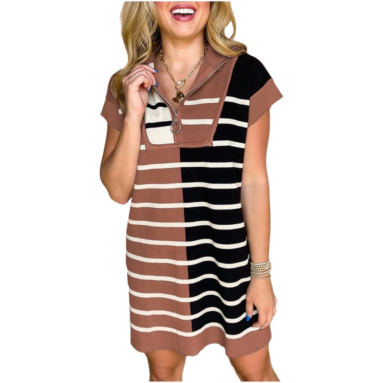 Sol Living Womens Stripe Color Block Quarter Zip Collar Short Sleeve Sweater Dress