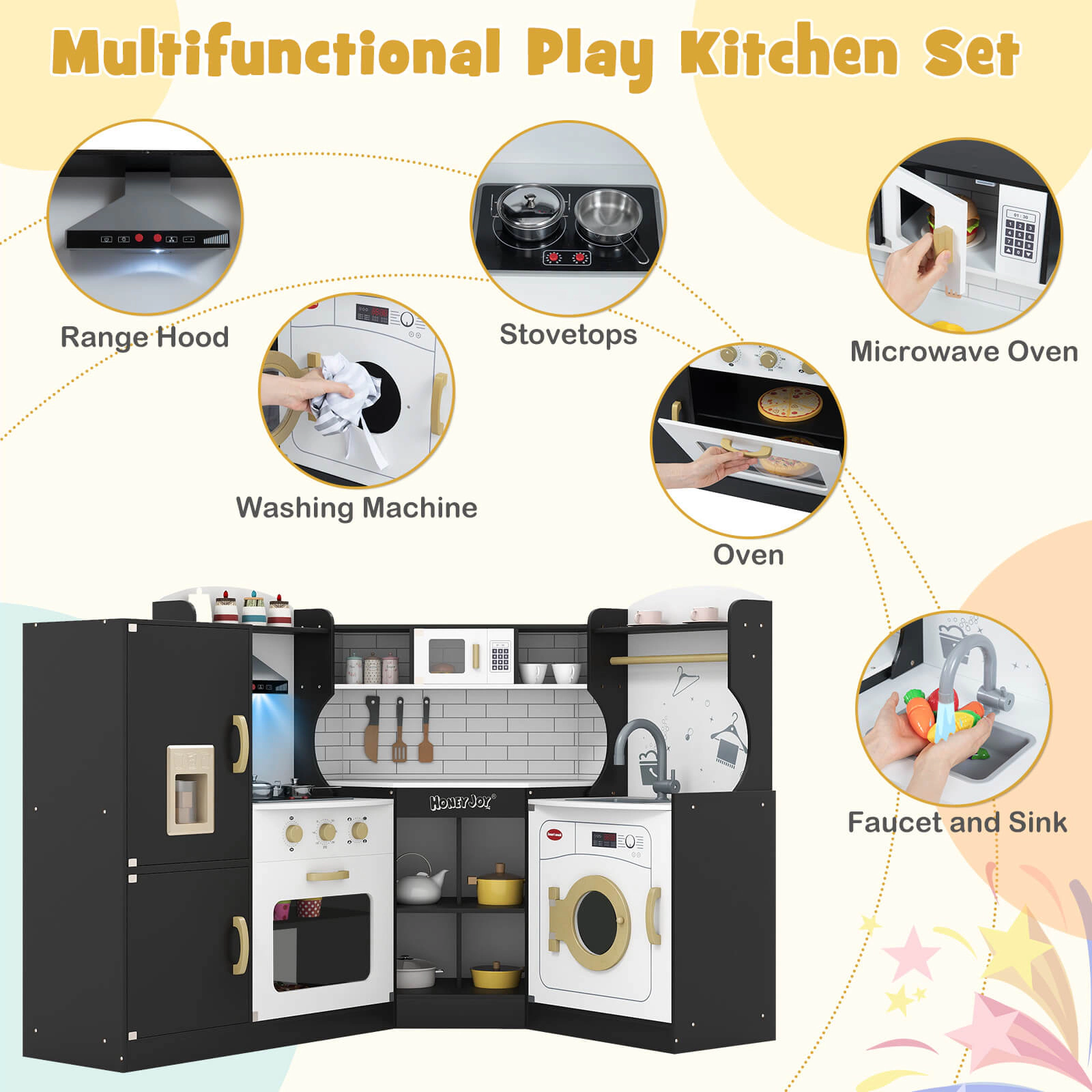 Costway Corner Play Kitchen Toddler Playset with Range Hood, Ice Maker, Microwave Pink