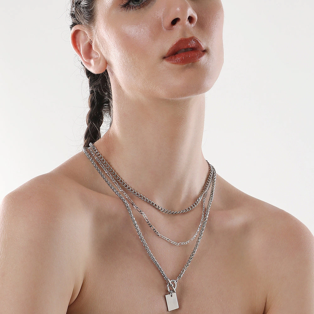 SOHI Women's Metallic Silver the Interlock Charm Multi-Layer Necklace