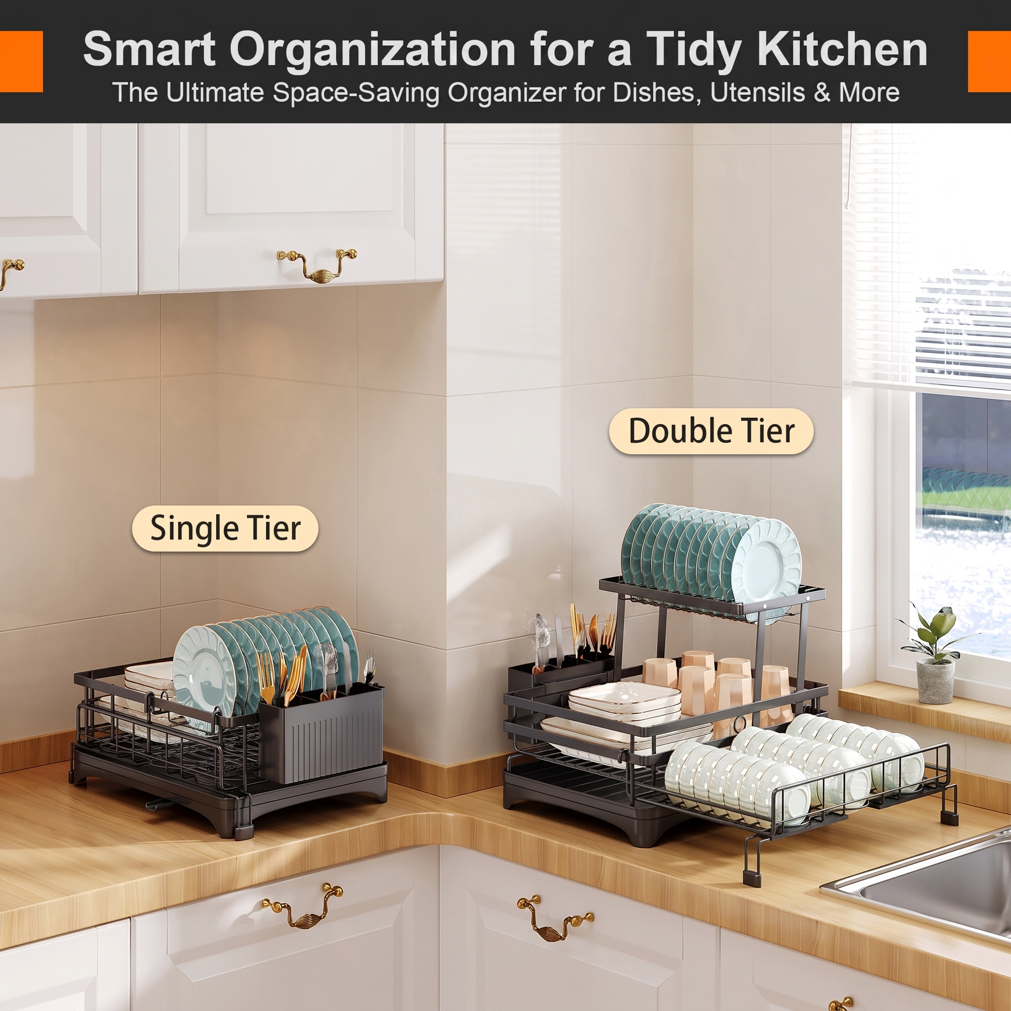 Mega Casa 2-in-1 Dish Drying Rack, Expandable 1 or 2 Tier Dish Strainer for Kitchen Counter