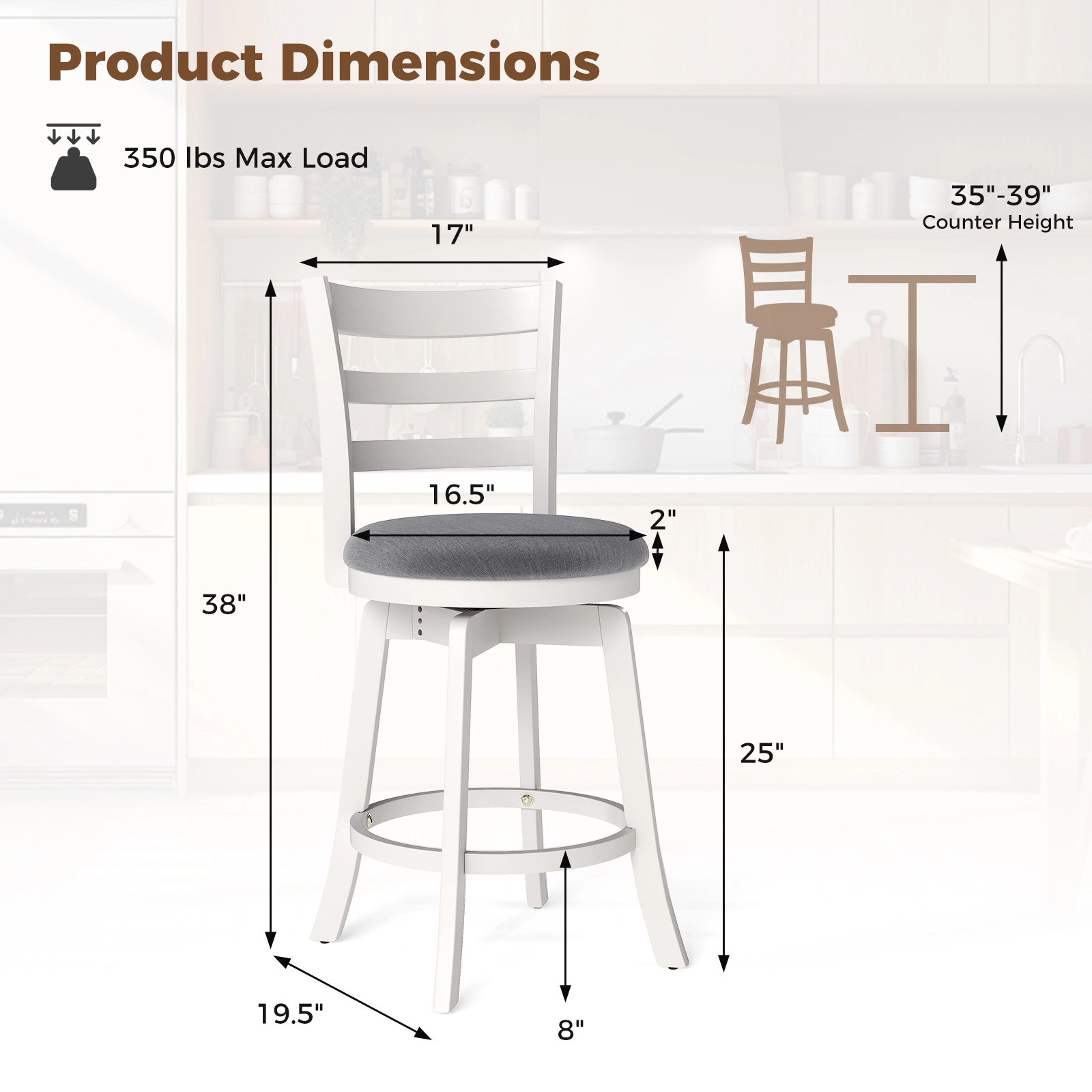 SUGIFT 25"/30.5" Swivel Barstools Set of 2 360° Rotating Bar/Counter Height Chairs 350-lb Capacity Olive White + Silver