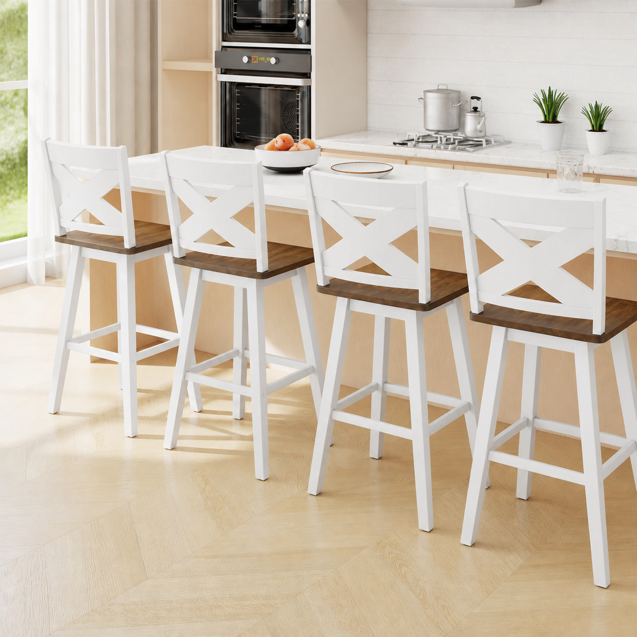 SUGIFT Set of 4 29-Inch Swivel Bar Stools, Rubberwood, Extra-Large Seat, Curved Back, White and Walnut