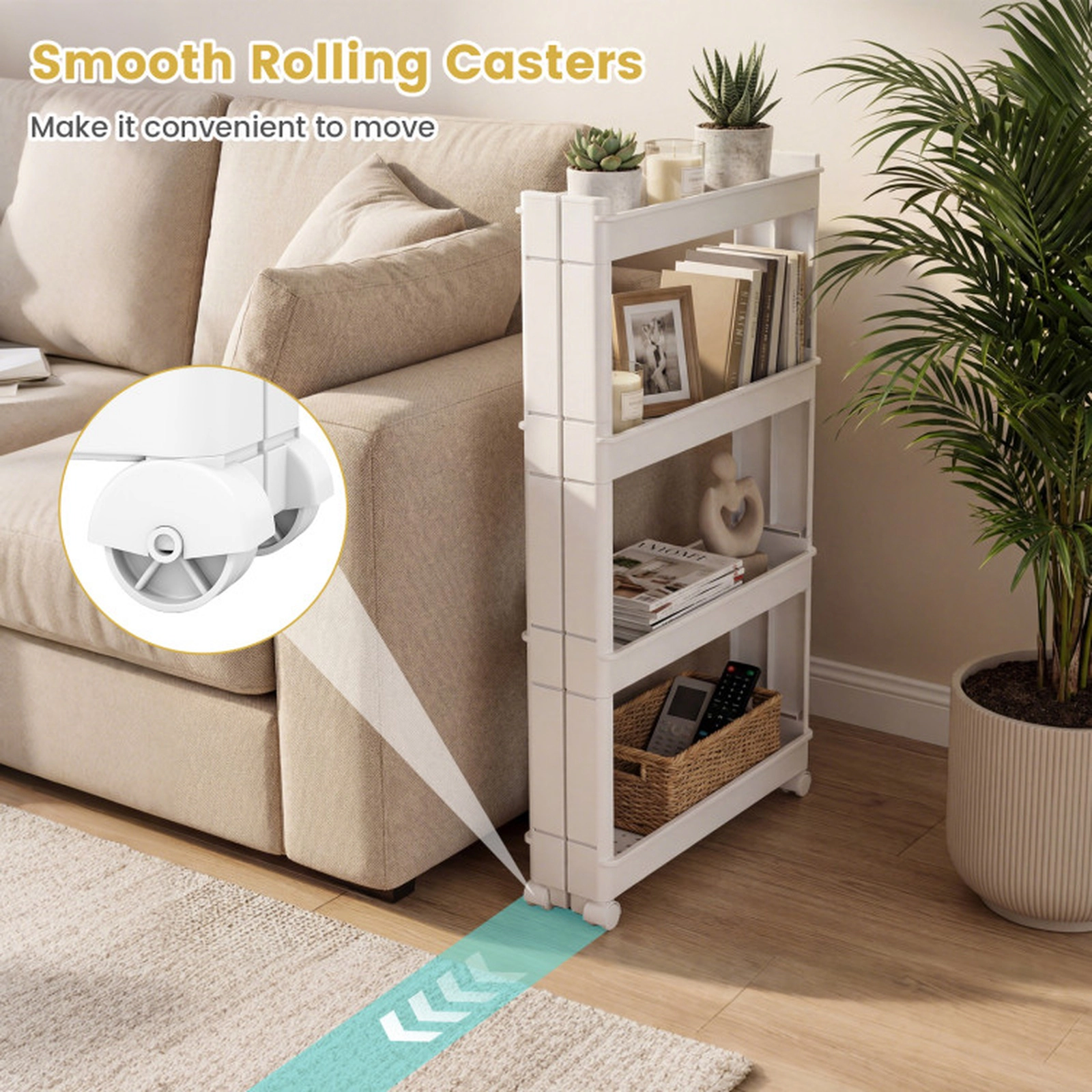 SUGIFT 4-Tier Slim Storage Trolley Cart with Detachable 3.5-in Trays 80-lb Capacity White