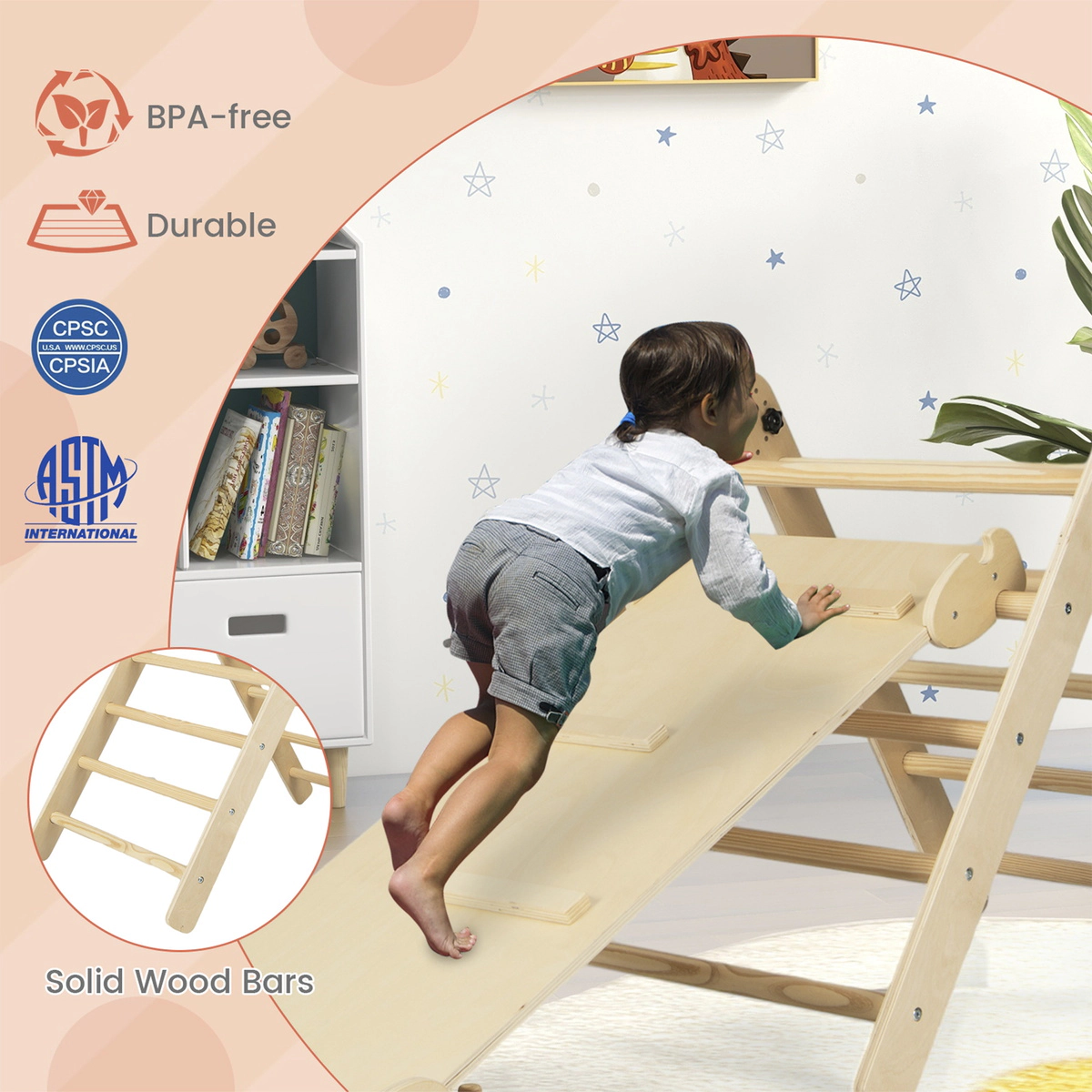 SUGIFT Foldable Adjustable 3-in-1 Kids Triangle Climbing Set 132-lb Capacity Ages 3+ Colorful/Natural Ladder Ramp Single