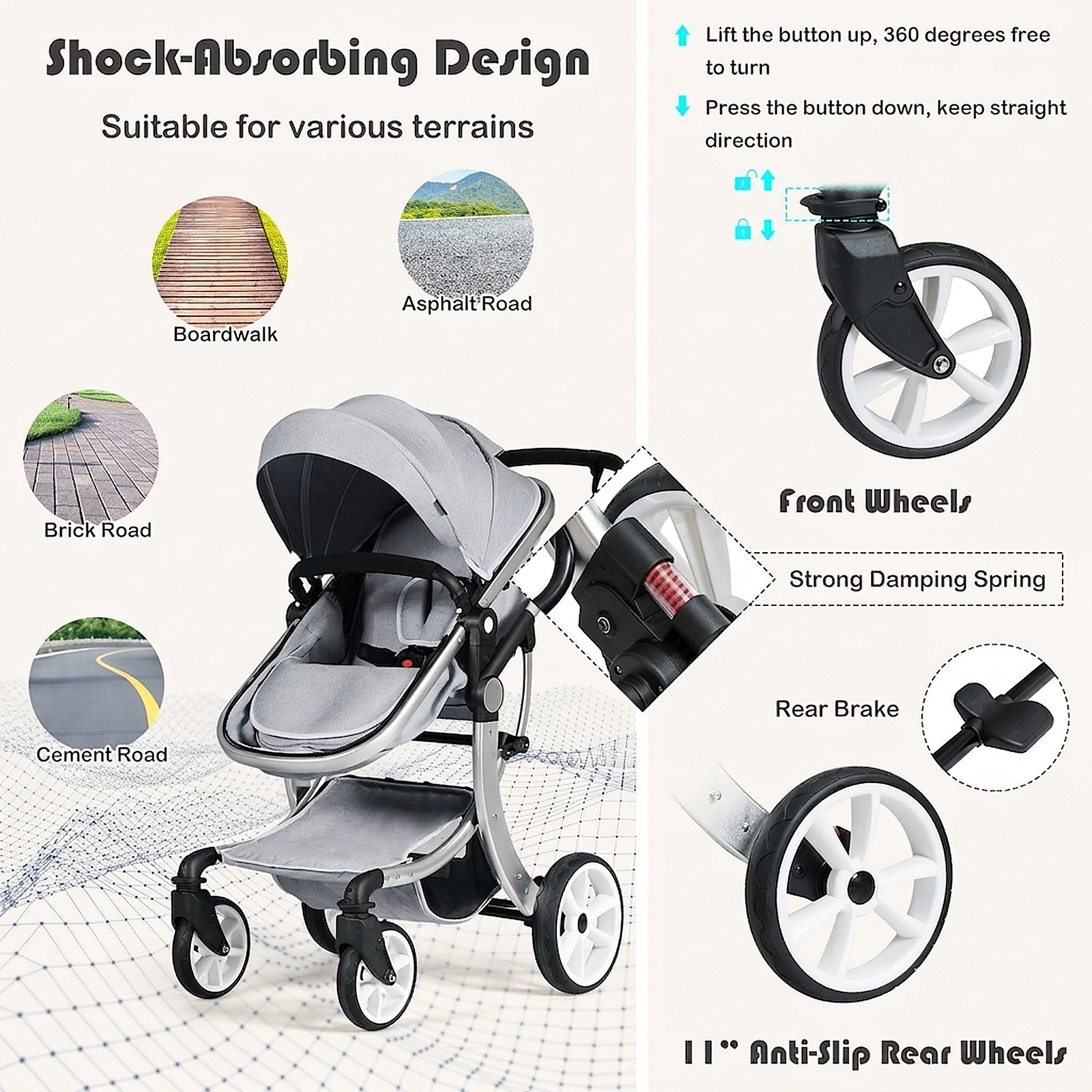 SUGIFT Folding Aluminum Infant Reversible Stroller with Diaper Bag 33-lb Capacity Ages 0-3 Years Gray