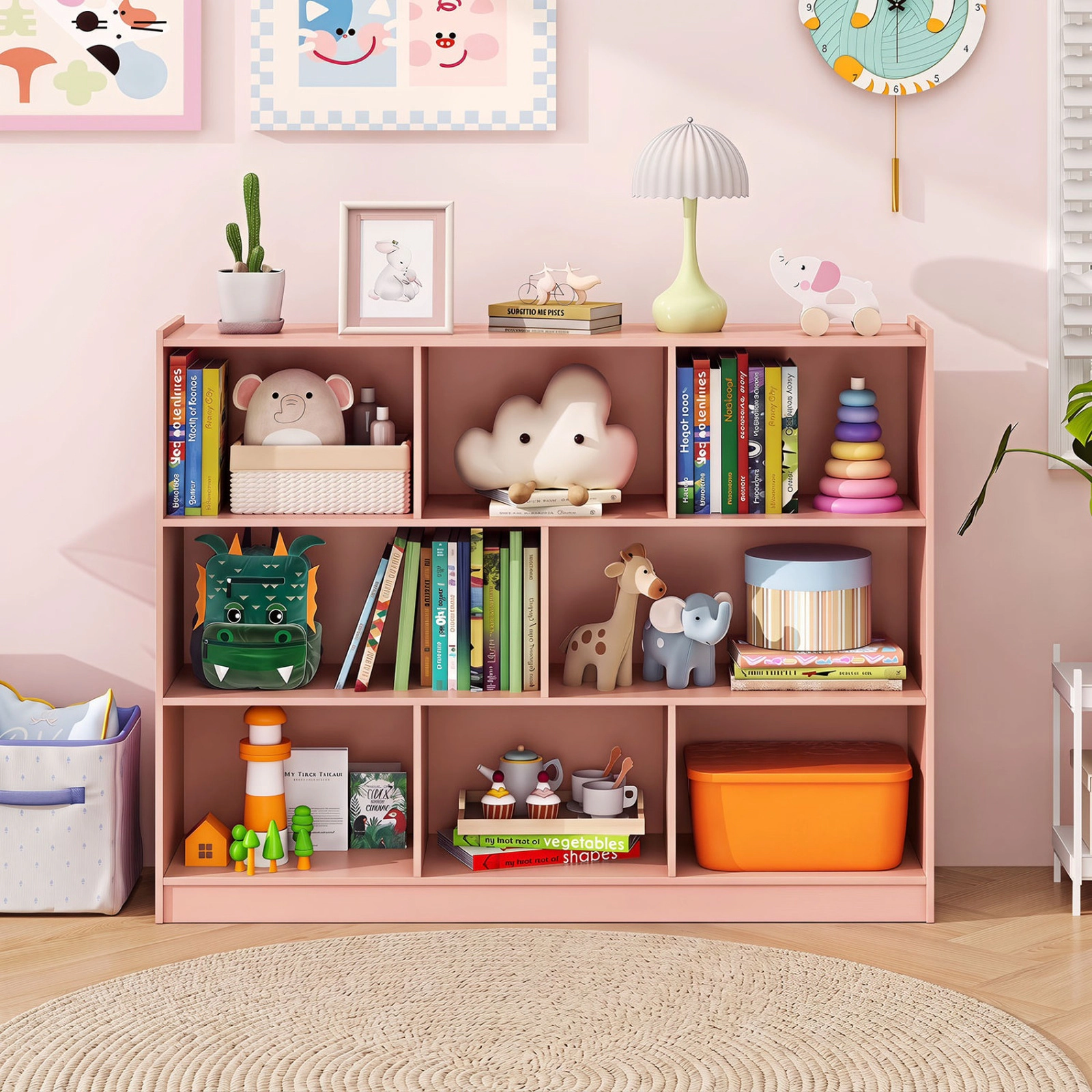 SUGIFT 8-Compartment Pink 48-in Wide 3-Tier Low Bookshelf with Open Toy and Book Storage Organizer