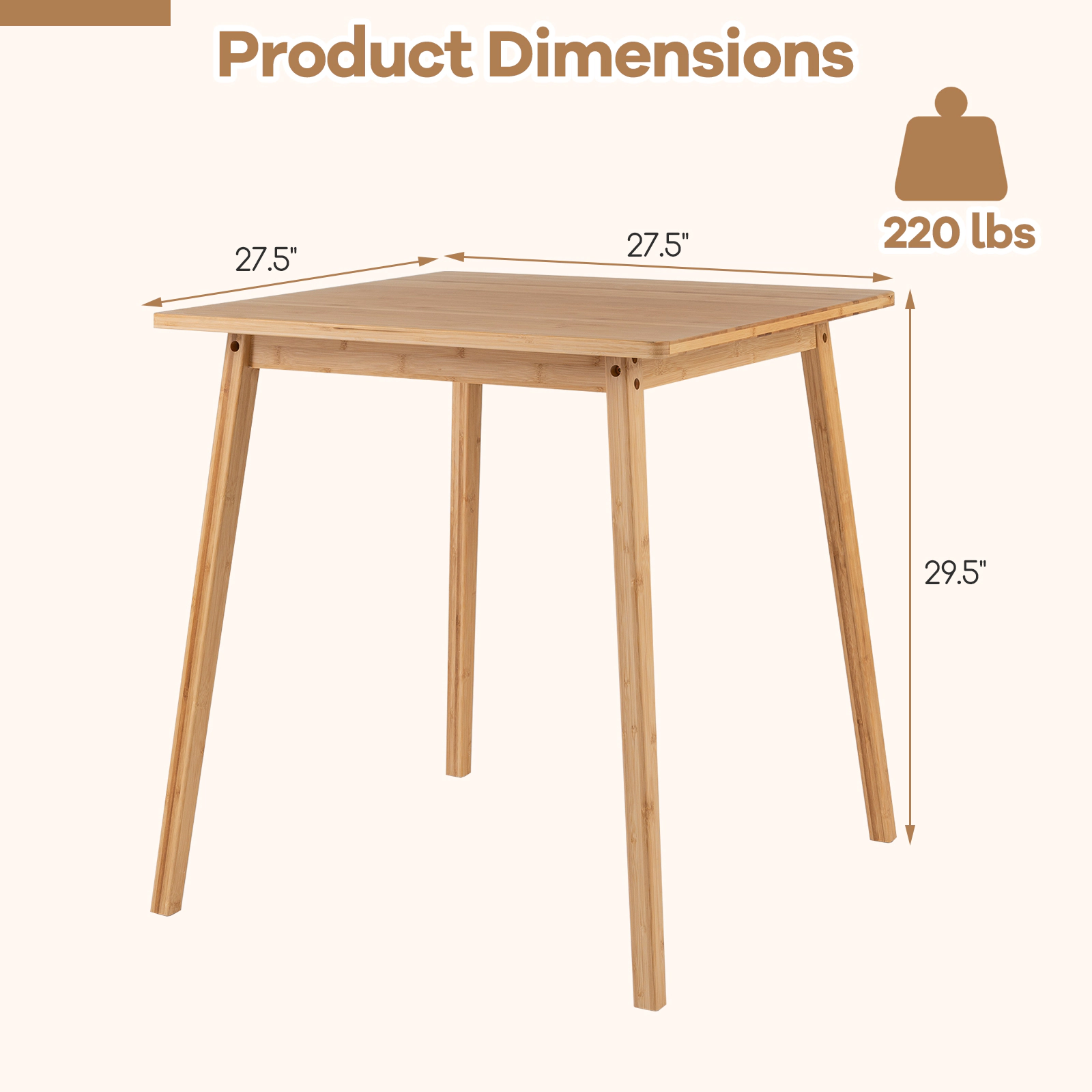 SUGIFT 27.5-in Square Bamboo Dining Table for 2-4 People 220-lb Capacity Natural