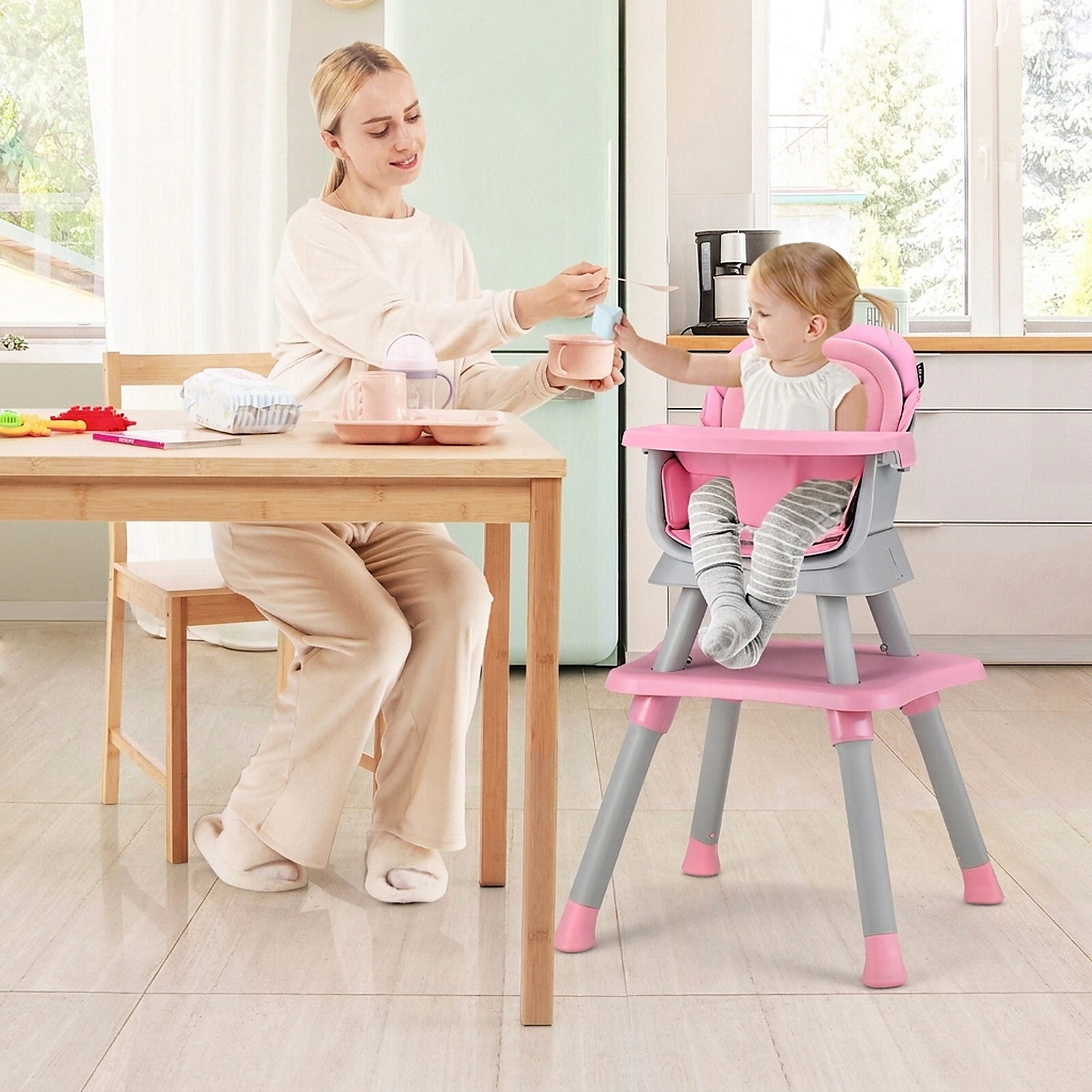 SUGIFT 6-in-1 Convertible Baby High Chair with Adjustable Removable Tray 55-lb Capacity Ages 6-36 Months Pink