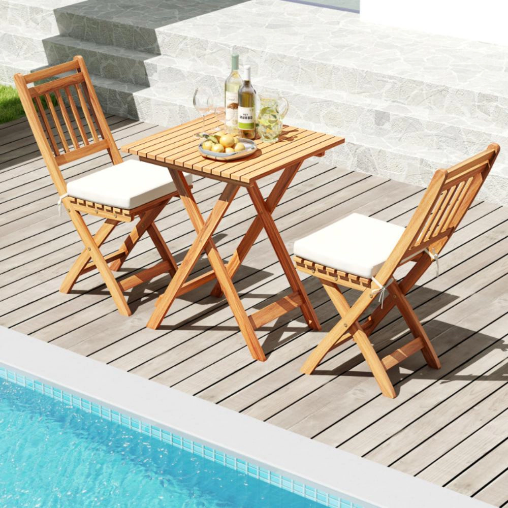 Hivvago Outdoor Wood Bistro Set With Soft Seat Cushions And Table-White