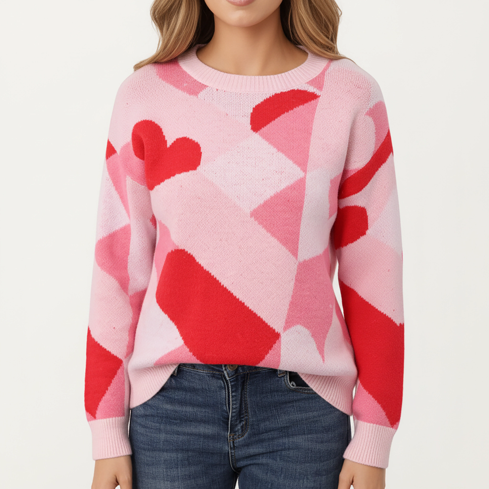 Anna-Kaci Women's Abstract Valentine Heart Pattern Knit Sweater with Textured Feel and Comfortable Relaxed Everyday Fit
