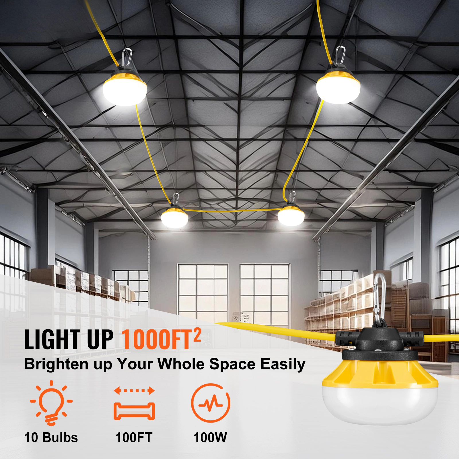 HONGGE 100FT Construction String Lights, 10PCs Work Light, IP65 Waterproof, with Hanging Hooks