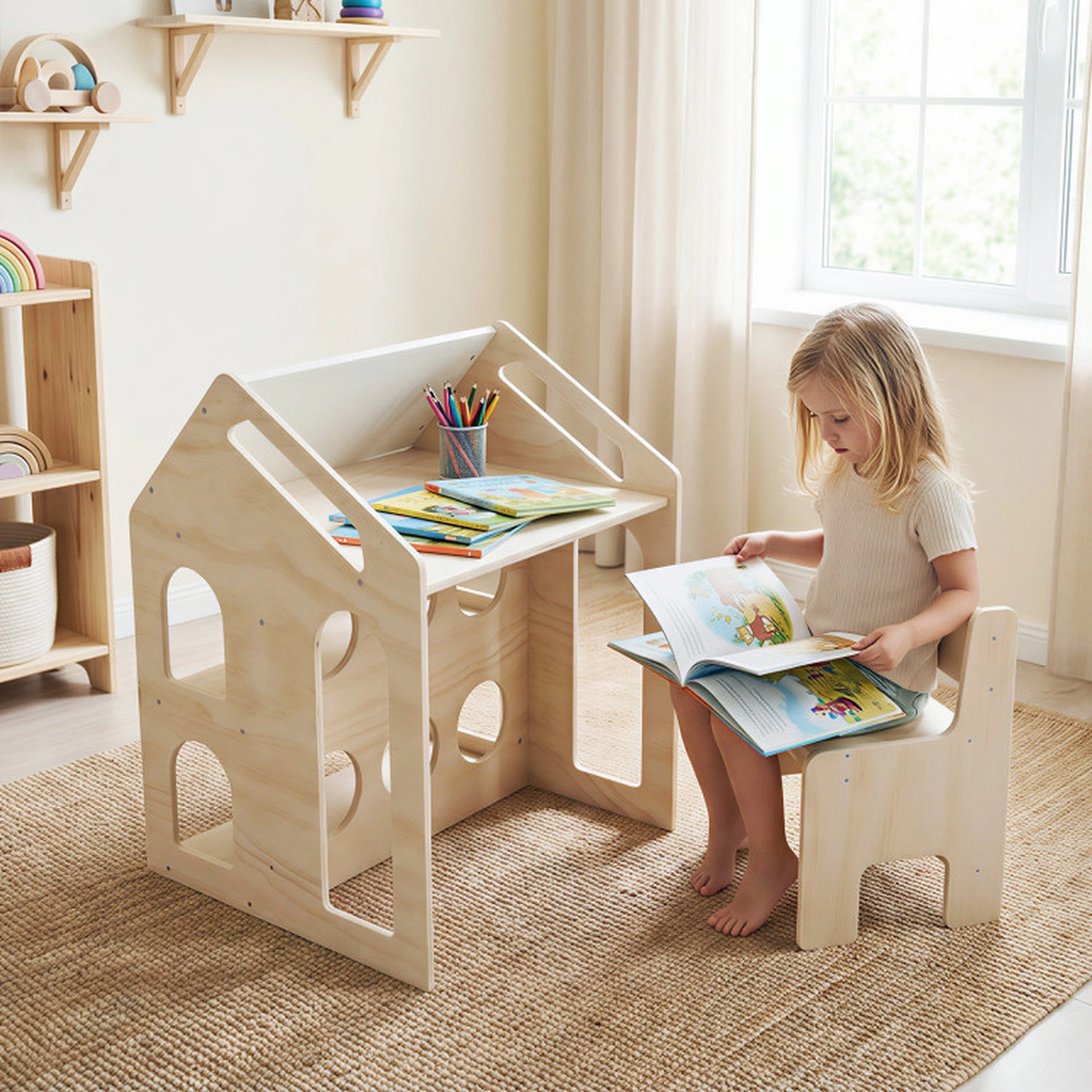 SUGIFT Natural Chalkboard and Shelves Kids House-Shaped Wooden Activity Table and Chair Set