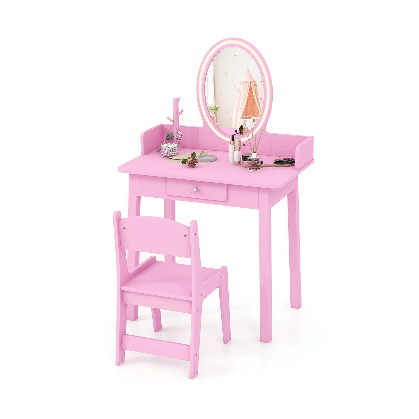 SUGIFT Kids Vanity Desk and Chair Set with LED Lighted Mirror 66-lb Table 110-lb Stool Capacity Ages 3-8 White/Pink