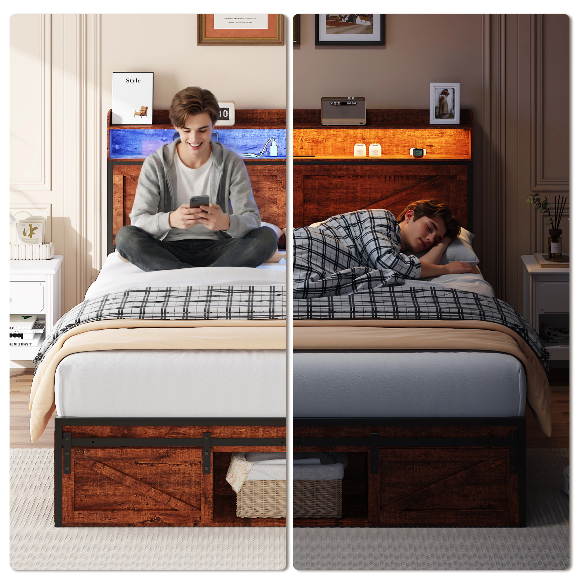 Flynama Queen Bed Frame with Storage & LED Headboard, Anti-Slip Metal Platform, Brown