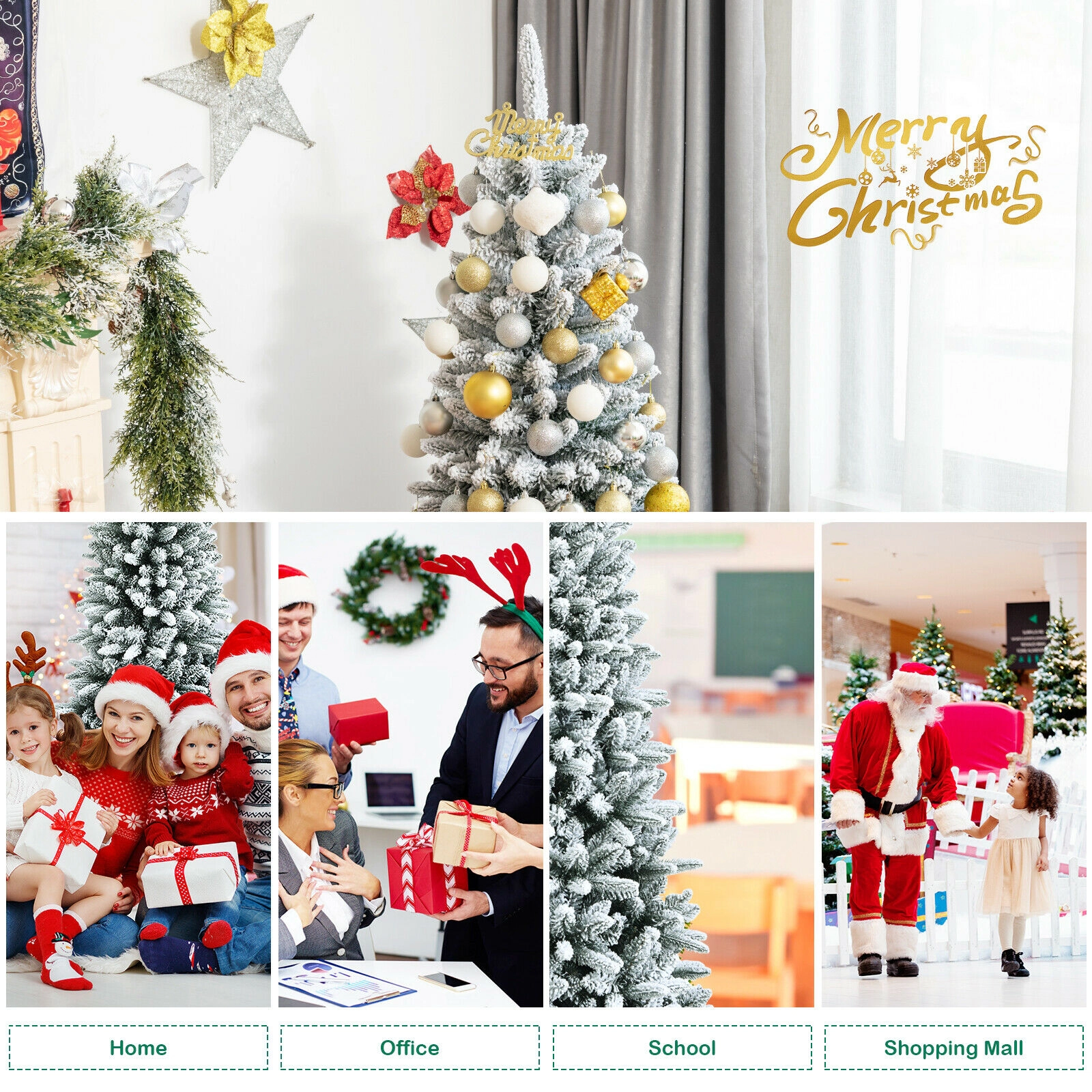 SUGIFT Snow-Flocked Hinged Artificial Christmas Pencil Tree 7.5-ft Tall White