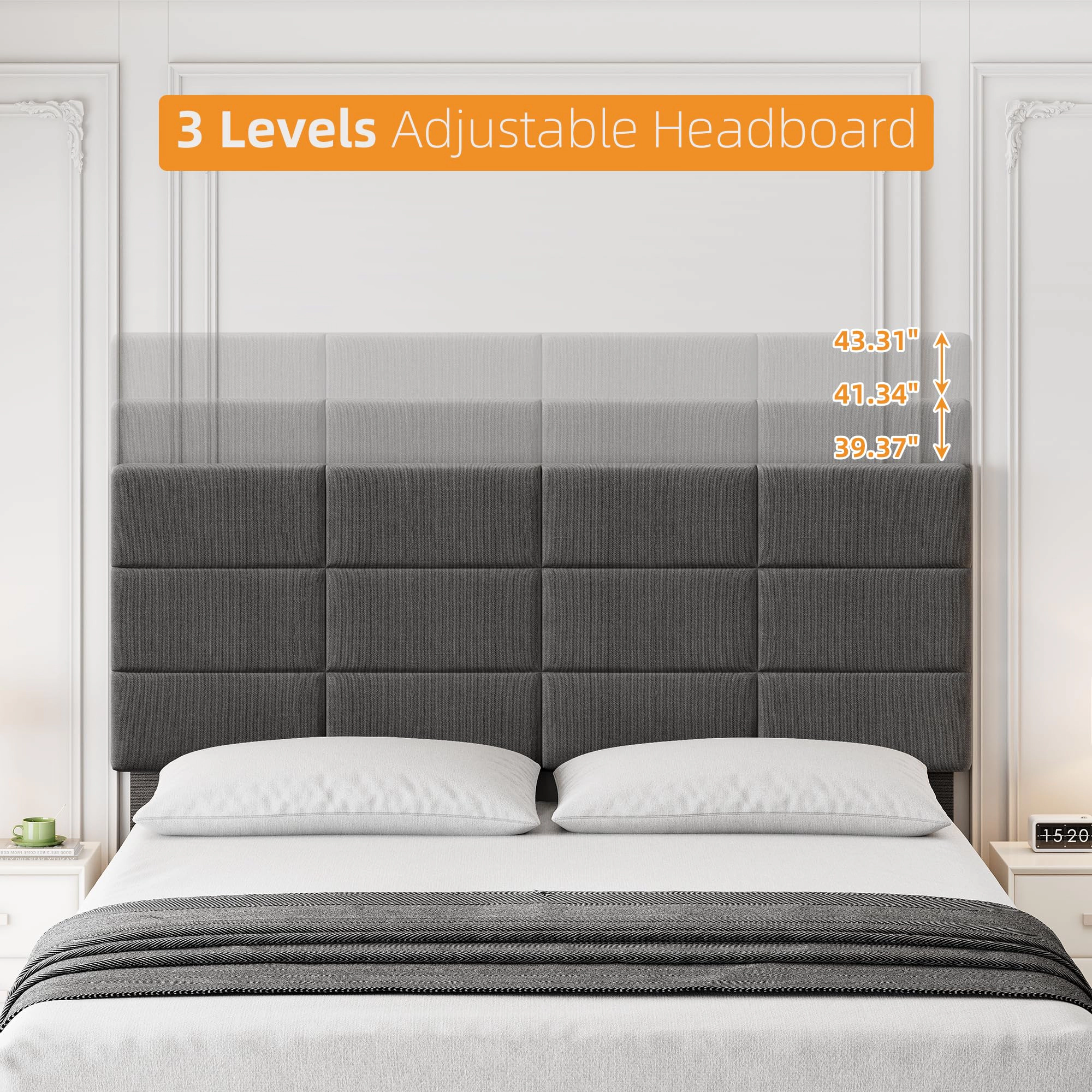 BebreezChic Grey Upholstered Full Bed Frame with Adjustable Headboard