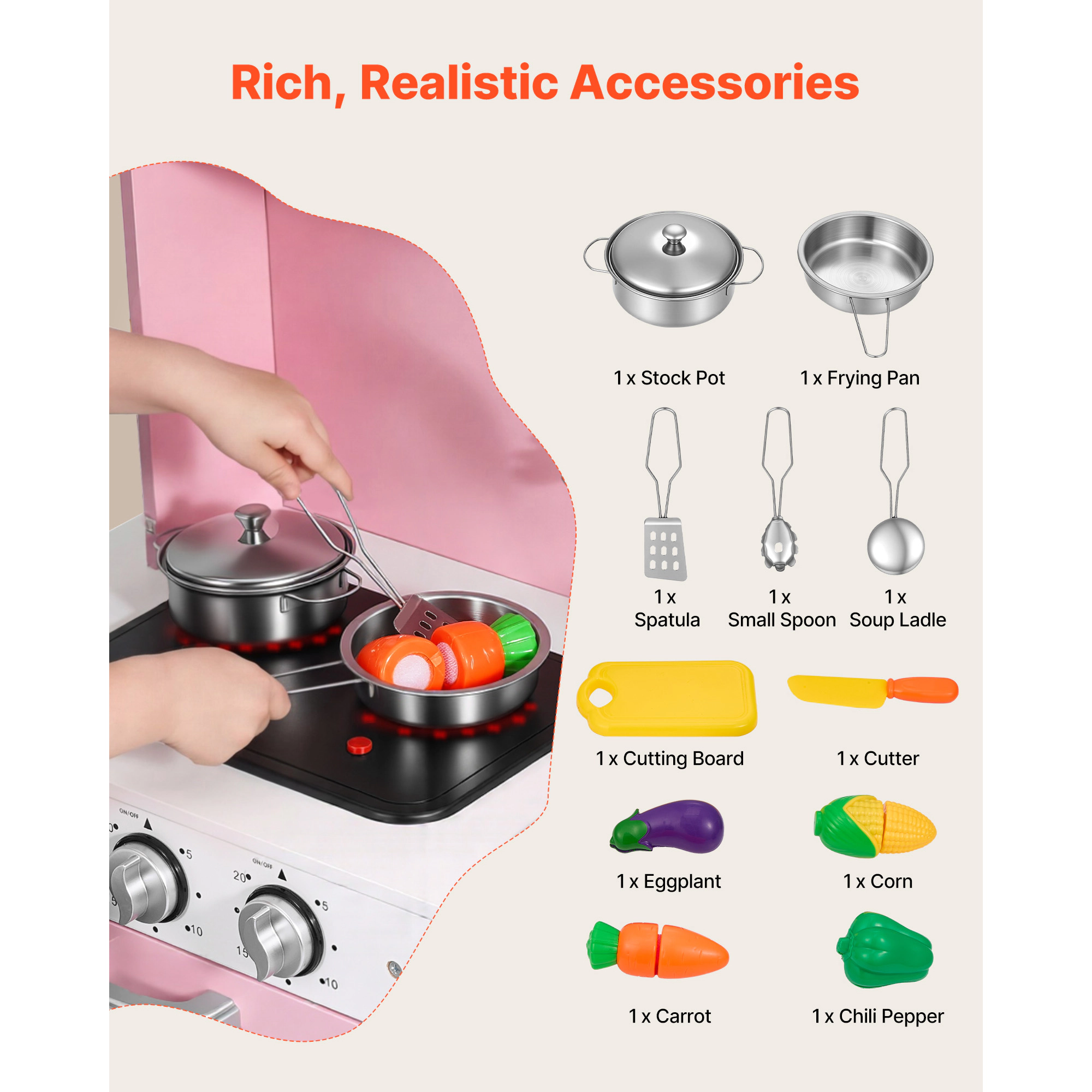 HONGGE Play Kitchen for Kids, Wooden, Kids Playset with Real Lights & Sounds, Food Cookware