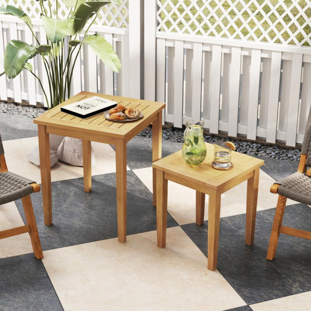Hivvago 2 Pieces Space Saving Design Teak Wood Outdoor Patio Nesting Table